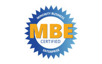 A blue and yellow logo for the minority business enterprise certified.